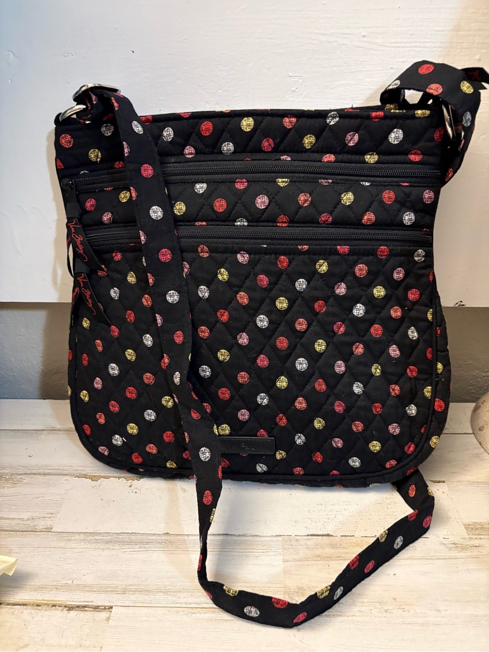 Vera Bradley Black Quilted Crossbody with Red, Yellow & Silver Polka Dots